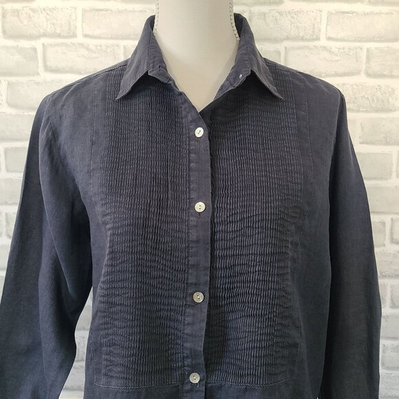Hanna G Long Sleeve Pleated Front Linen Shirt S Relaxed Lagenlook Minimalist - Picture 2 of 9